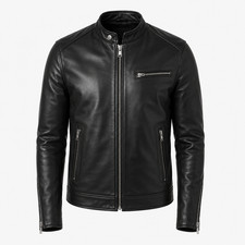 Men  s Black Real Lambskin Leather Cafe Racer Jacket Motorcycle Biker Coat
