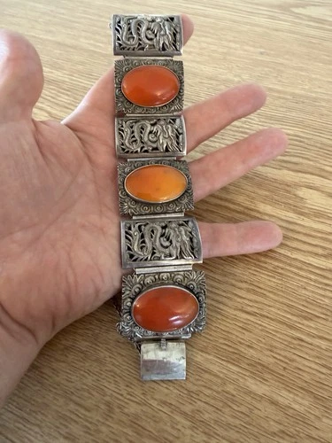 Huge Antique Chinese Solid Silver Carnelian Filigree Panel Bracelet - Heavy 90g