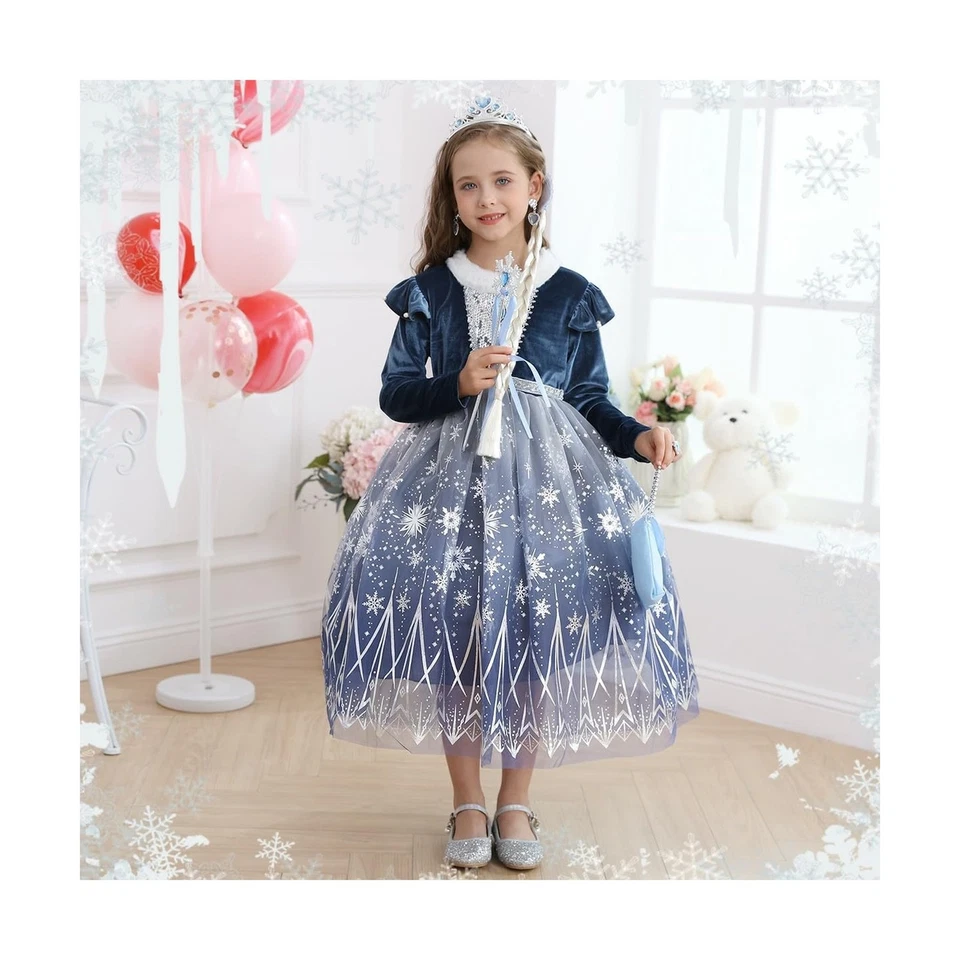 Niñas Disfraz de Elsa Princesa de la Nieve Vestir Azul Halloween Fiesta Cosp... Envío Rápido Foto 2 de 4