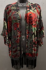 Velvet Burnout Cardigan Kimono M Black Red Floral Fringe Open Top Dark Romantic