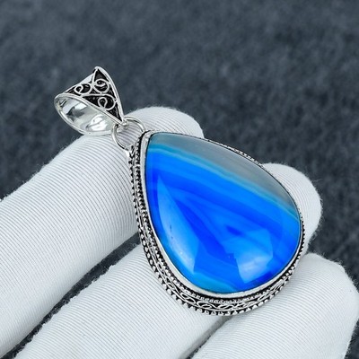 Blue Banded Agate Pendant, Banded Agate Gemstone, 925 Sterling Silver Gift