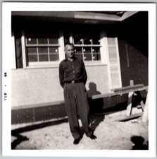 Vtg Snapshot Man in Work Clothes Standing By House Construction 1964