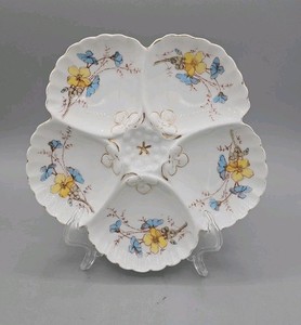 Antique Oyster Plate Unmarked Hand Painted Flower 5 Wells Numbered 8"W EUC