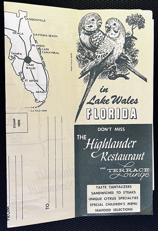 1964 Highlander Restaurant, Lake Wales Florida Vintage Brochure & State Park Map