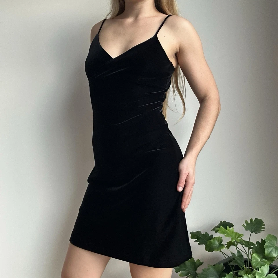 Minivestido vintage de terciopelo negro pequeño/mediano Wish para mujer con cuello en V Foto 4 de 4