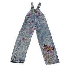 Vintage OshKosh Bgosh Kids Size 5 Acid Wash Denim Overalls Hand Painted Floral
