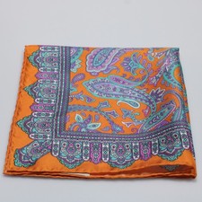 Paolo Albizzati NWOT 100 Silk Pocket Square In Orange w/ Blue Purple Paisley