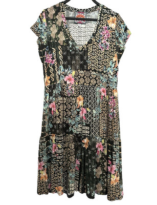 Johnny Was XS Weller Dress tiered patchwork boho stretch bamboo knit