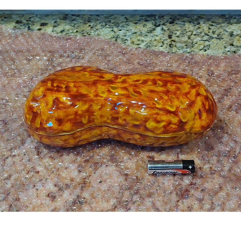 Ceramic Peanut-Shaped Lidded Trinket Box Brown Orange White Mottled Glossy