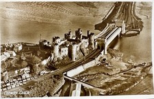 Conwy (Conway) Castle, Bridge & River Aerial View Real Photo Postcard Wales RPPC