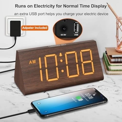 Wooden Digital Alarm Clocks for Bedrooms - Electric Desk Clock with Large Number - Image 2 of 4