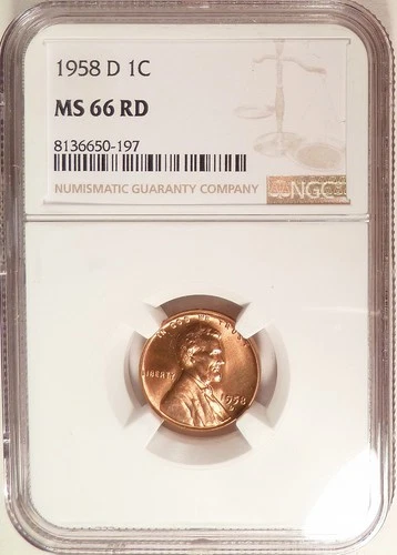 1958-D Lincoln Head Cent NGC graded MS66 RD,  Bright & Lustrous (197).