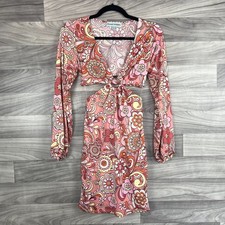 Almost Famous Mini Dress Womens M Pink Stretch Retro Boho Psychedelic Floral