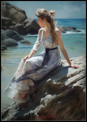 Lady Sitting on the Rock 2 - Counted Cross Stitch Patterns - Color & BW Symbols