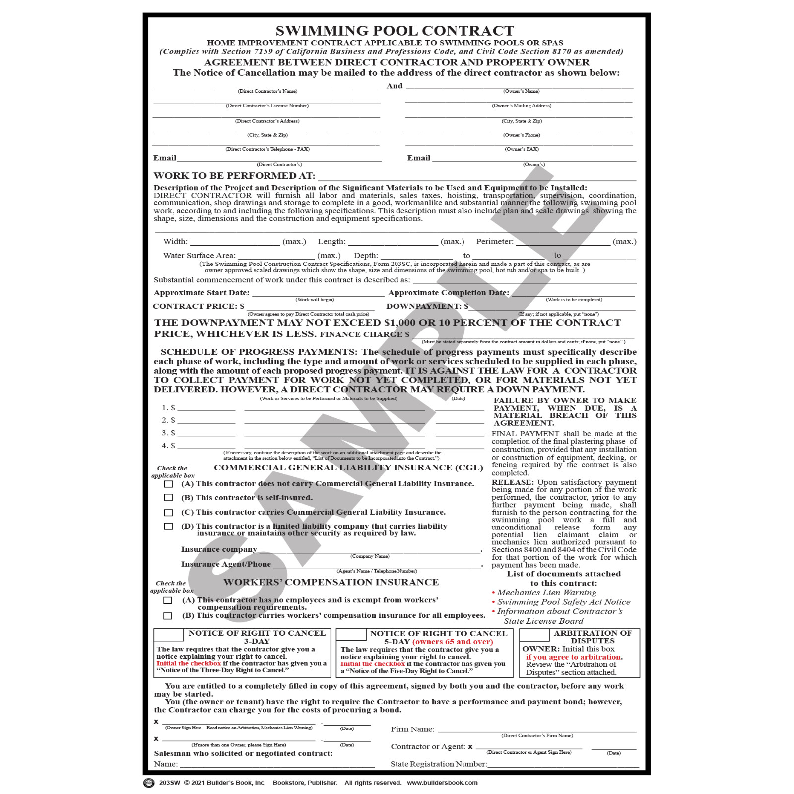Formulario de contrato de construcción de piscinas de California (paquete de 50)