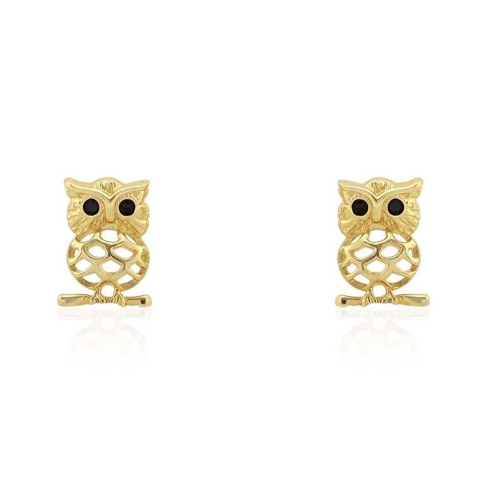 Kids 14K Yellow Gold White Simulated Onyx Ruby Owl Screw Back Stud Earrings - Image 4 of 4