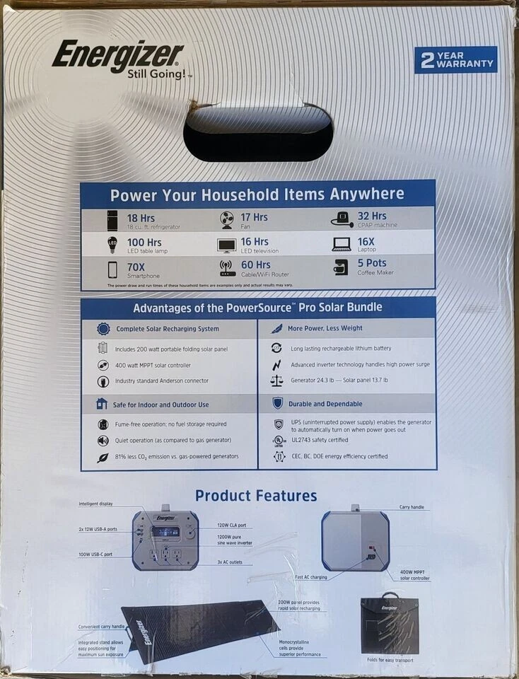 全新 Energizer SPG057377 Ultimate PowerSource Pro 电池发电机,太阳能套装 — 第 2/4 张图片