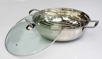 B-Ware Edelstahl Wok Topf Ø 32 cm + Glasdeckel + Abtropfgitter Grill Grillrost - Bild 1 von 4