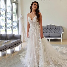 V Neck Beach Boho Wedding Dresses Lace Appliques A Line Sweep Train Bridal Gowns