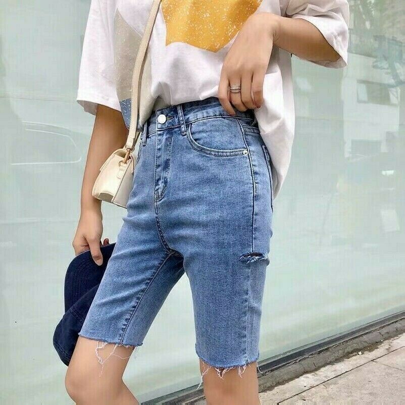 Lady High Waist Stretch Denim Jeans Ladies Pirate Shorts Cut Side