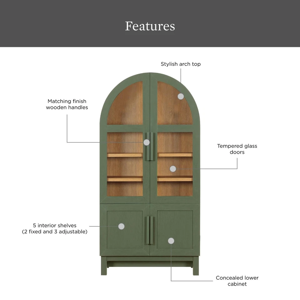 Elegante vitrina de porcelana arqueada puertas de vidrio de madera resistente cocina comedor Foto 4 de 4