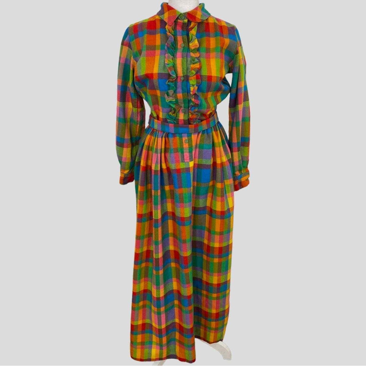 Vintage 60s 70s Rainbow Plaid Ruffle Front Irish Handwoven Tweed Maxi Dress