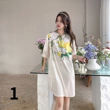 Lady Satin Floral Dress Panda Mini Loose Ethnic Elegant Short Sleeve Retro Cute