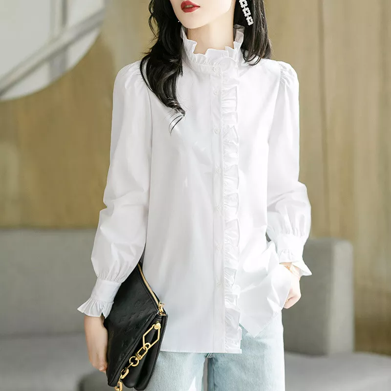 Womens White Cotton Ruffles Stand Collar Long Sleeves Shirt Loose Casual  Tops