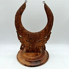 Vintage Hand Carved Wooden Gong Stand - Tree & Elephants Half Moon Made In India