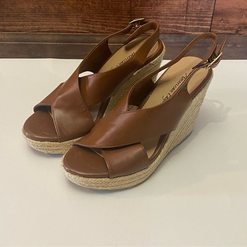 American Eagle Brown Faux Leather Rope Wedge Platform Sandals Women's Size 6 - Picture 3 of 12