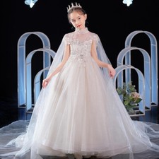 Girls Kids Show Long dress Tailed Mesh Ball Gown Princess Party Frock 35071