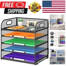 5 Tier Paper Organizer with Handle, Metal Mesh Desk Organizer File Folder Pap...