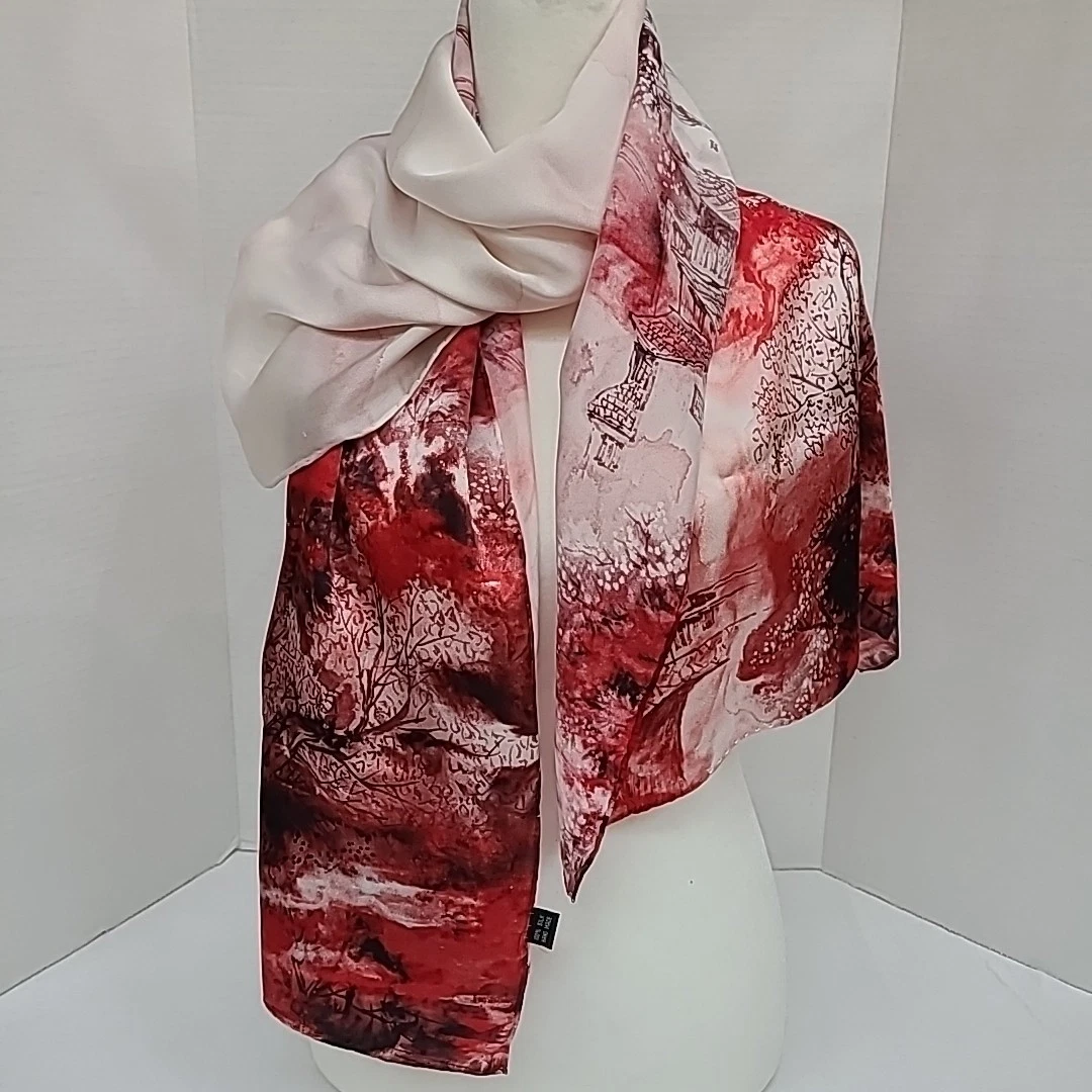 Art Design Hand Painted 100% Silk Scarf Crimson Garden 65"x19.5"