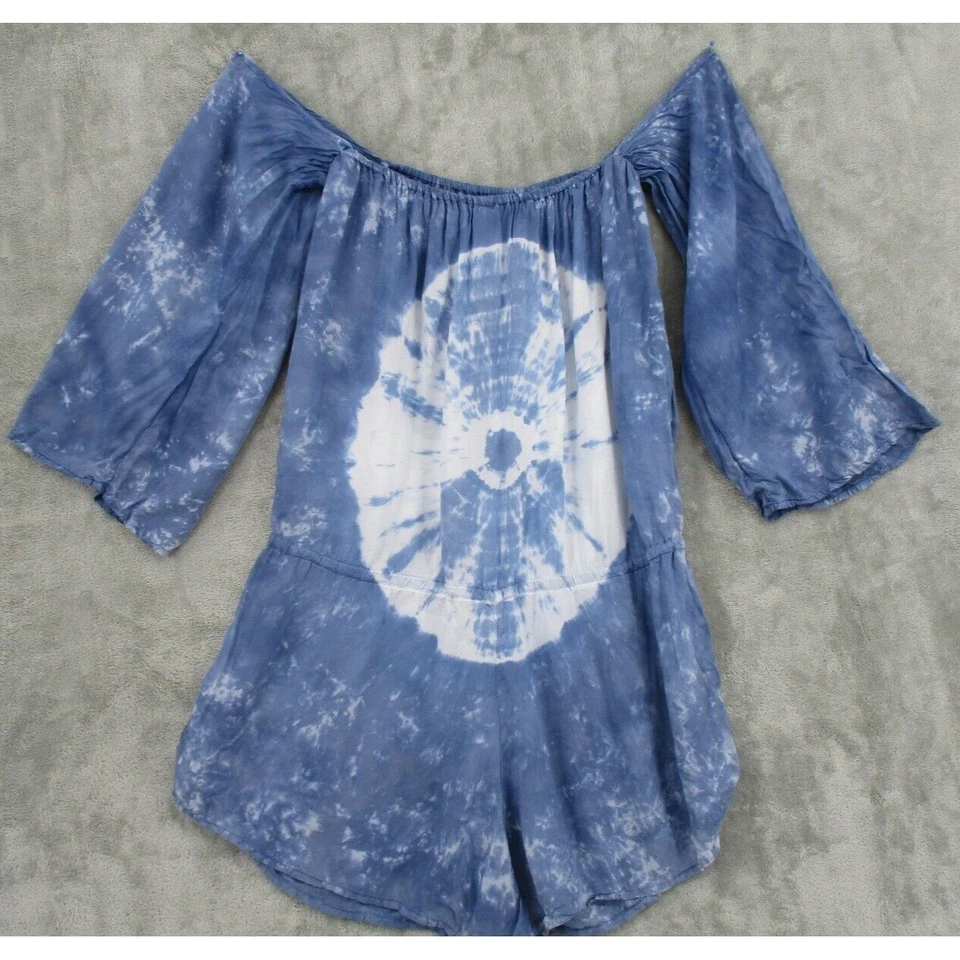 Mameluco Elan para mujer pequeño tie dye fuera del hombro bohemio playa resort azul Foto 2 de 4