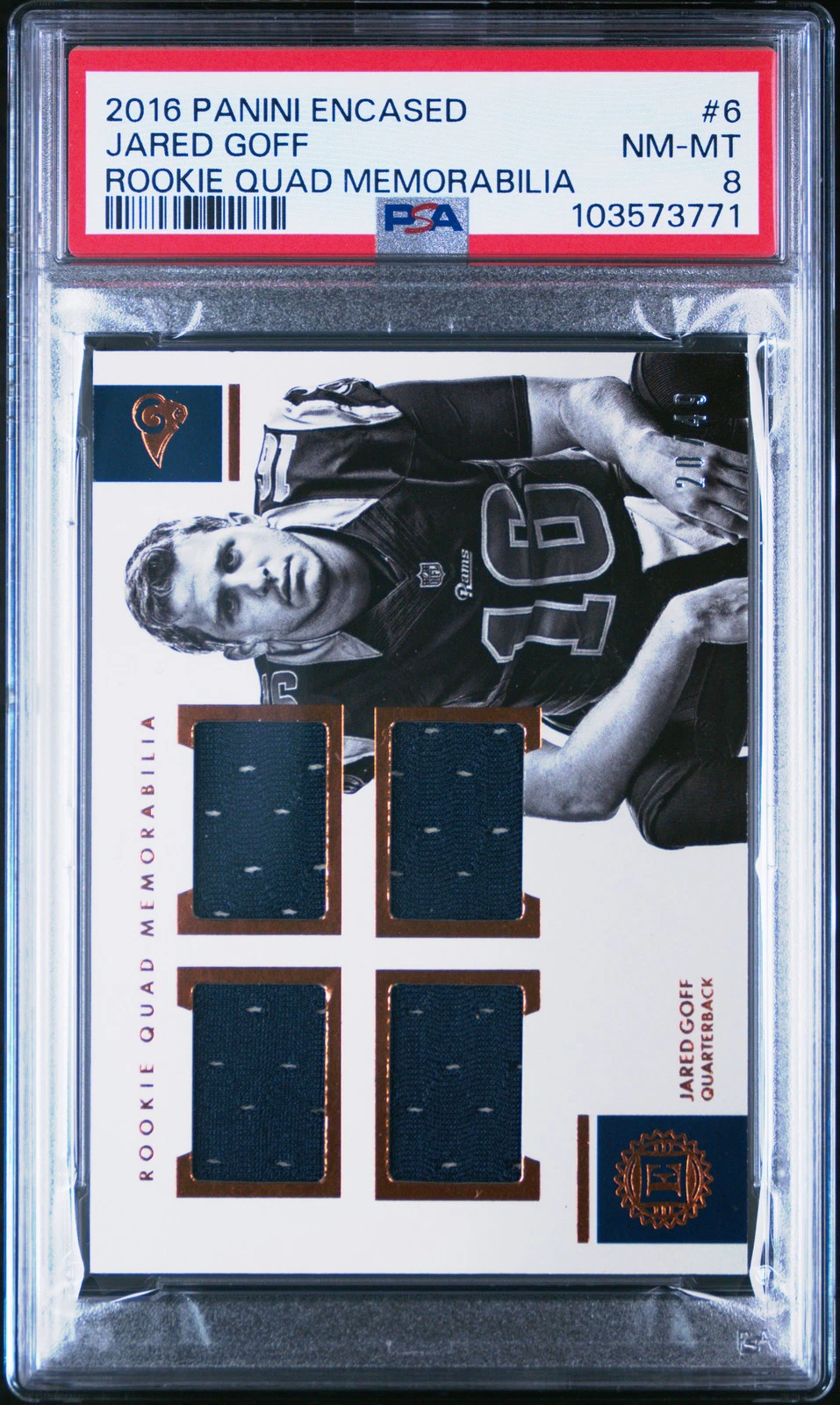 Jared Goff Panini Encased Rookie Quad Memorabilia #6 Base