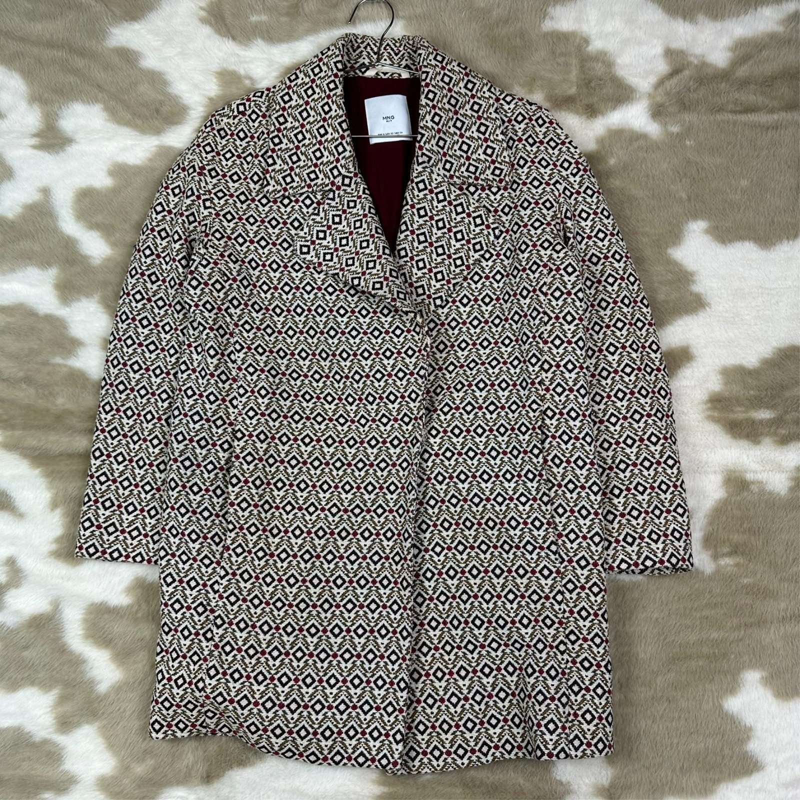 Women's Vintage MNG Suit Burgundy Olive Jacquard Size Small Longline Coat Jacket