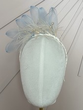Ice Blue Fascinator Headband Feathers & Pearls Wedding Hat Races Ascot Formal