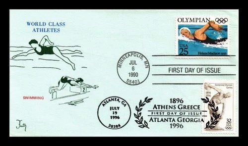 DR JIM STAMPS US COVER HELENE MADISON OLYMPIAN FDC COMBO DUAL CANCEL FAITH