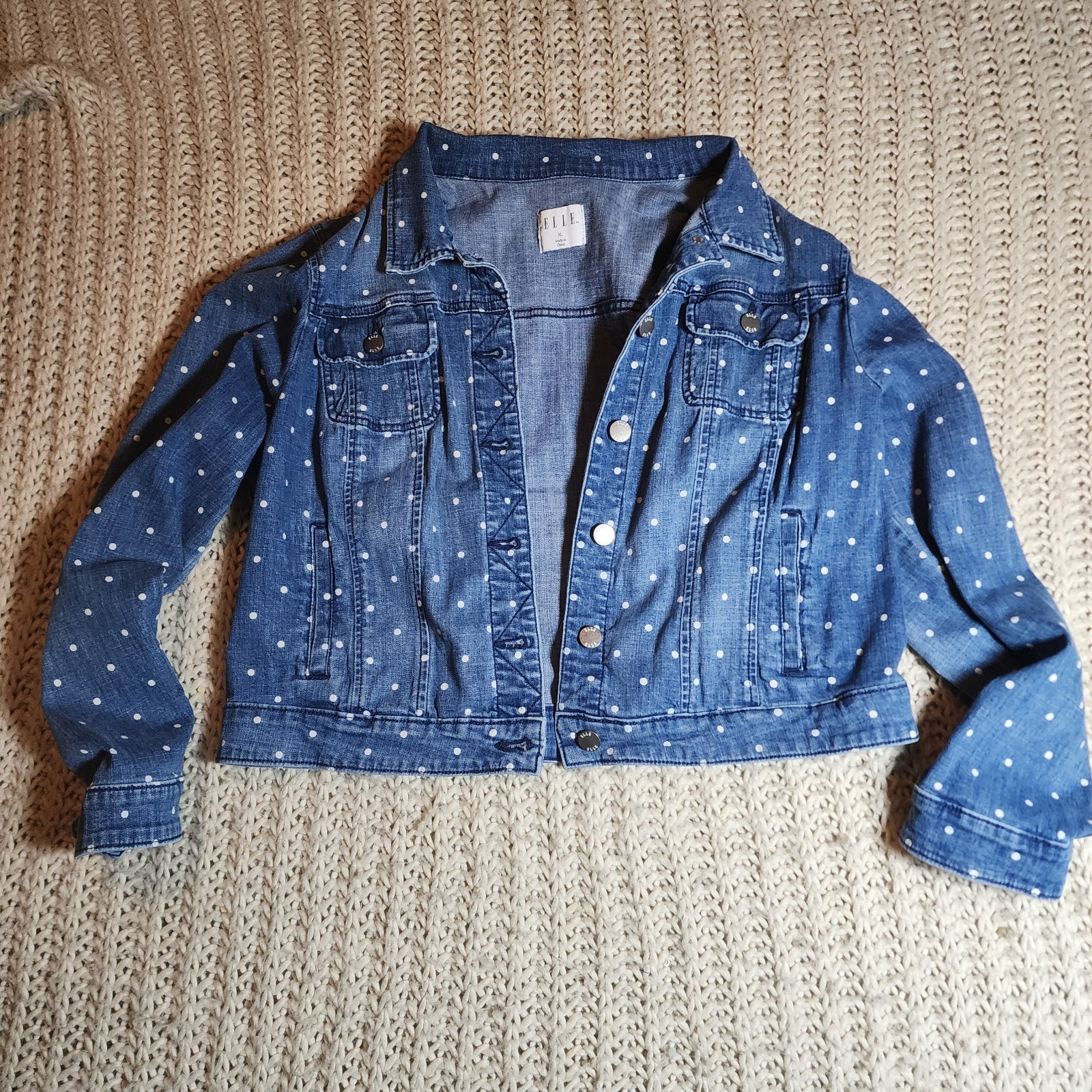 Elle Women's Jacket Size Xlarge Polka Dot Denim Lightweight Stretch