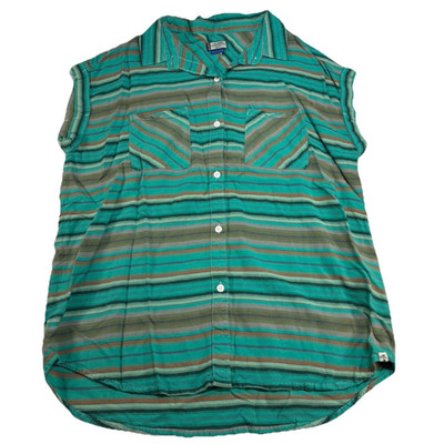 Kavu Womens Shirt Sleeveless Rayon Teal Stripe Summer Button Up Tunic Top M