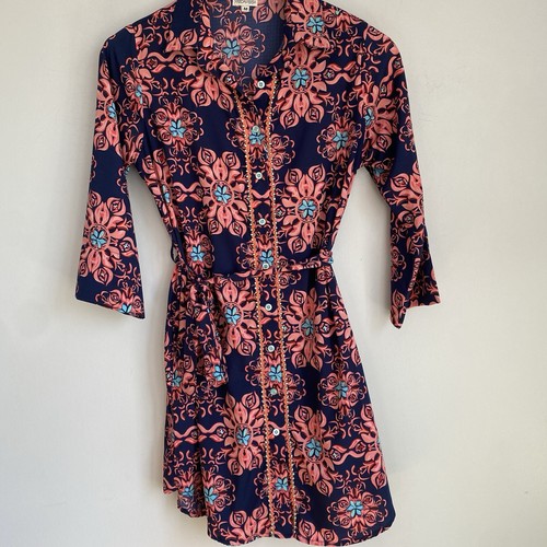 ModaPosa Shirt Dress Button Up Front Collared Blue Pink Floral Size M 3/4 Sleeve - Picture 2 of 12