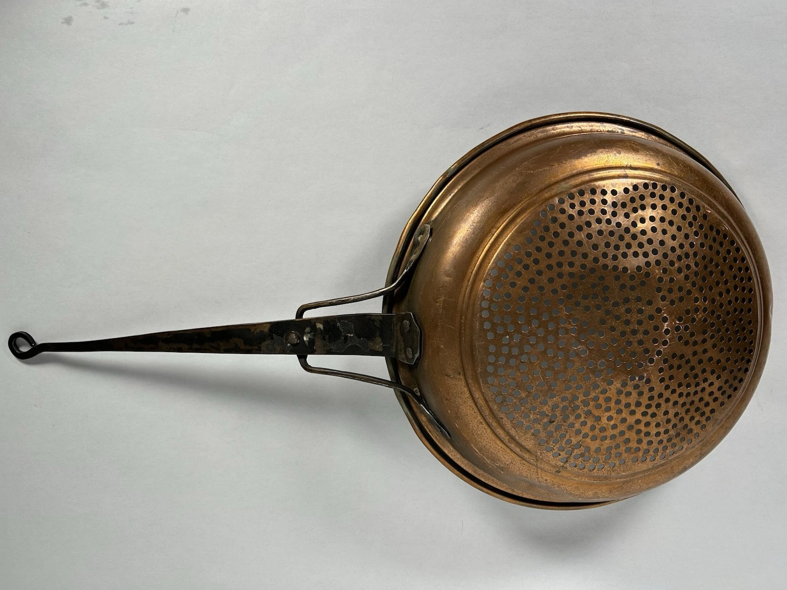 Antique Copper Skimmer – 22” Forged & Hammered Strainer Ladle, Kitchen Tool