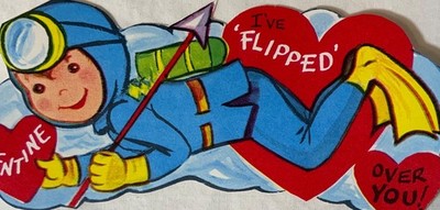 VTG Valentine Card & Envelope UNUSED Cut Out Diver  I Flipped Over You  *PAPER*