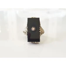 Vintage Art Deco 14K Gold Ostby Barton Onyx and Diamond FIligree Ring