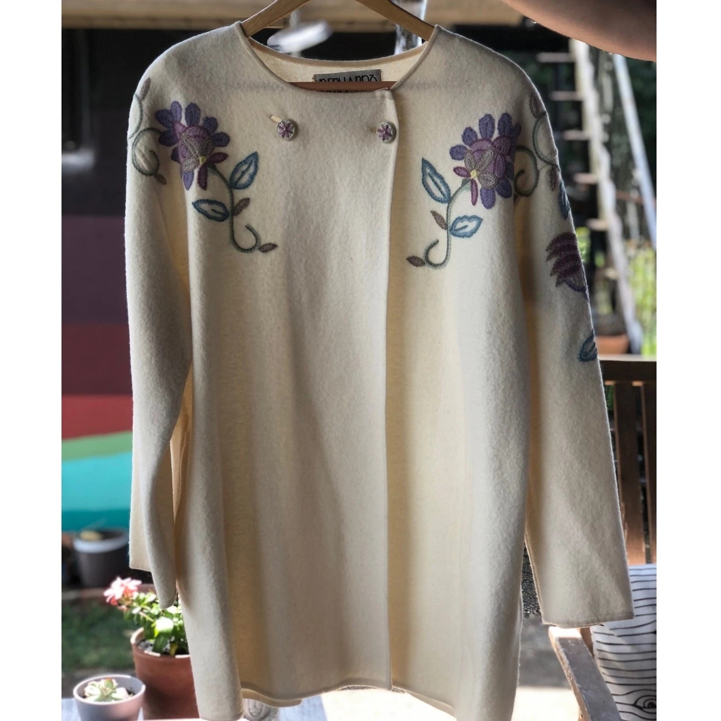 OFF WHITE Cardigan Bernardo ricamato floreale 100% lana Coatigan Cottage Fairycore Large