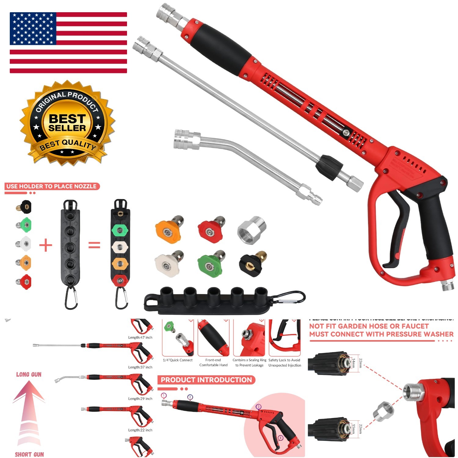 Durable 5000 PSI Pressure Washer Gun with Replacement Wand &