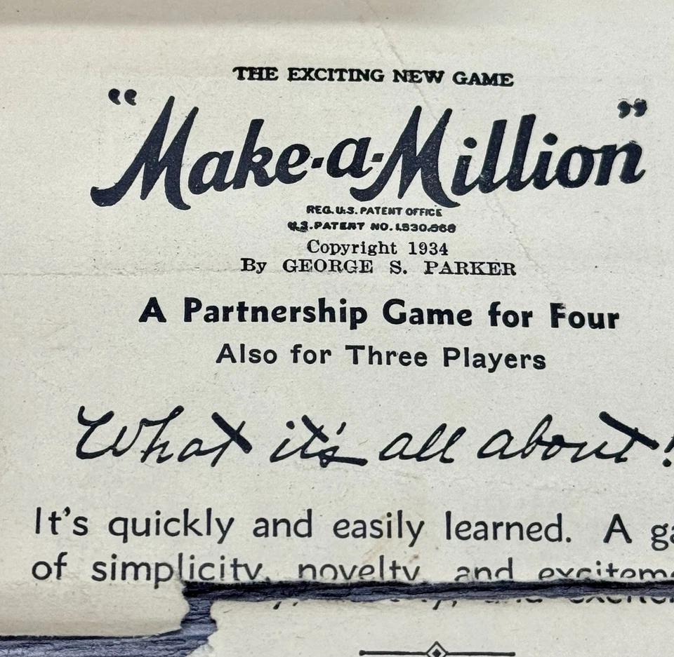 ОЧЕНЬ РЕДКОЕ СИНЕЕ ИЗДАНИЕ СДЕЛАТЬ МИЛЛИОН КАРТОЧНАЯ ИГРА PARKER BROTHERS ЛАДЬЯ КАРТА 1934! - Изображение 3 из 4