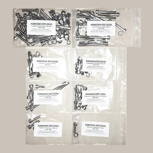 Kit visserie moteur inox Kawasaki GPZ 400 1983 1984 1986 pieces detachees moto vintage