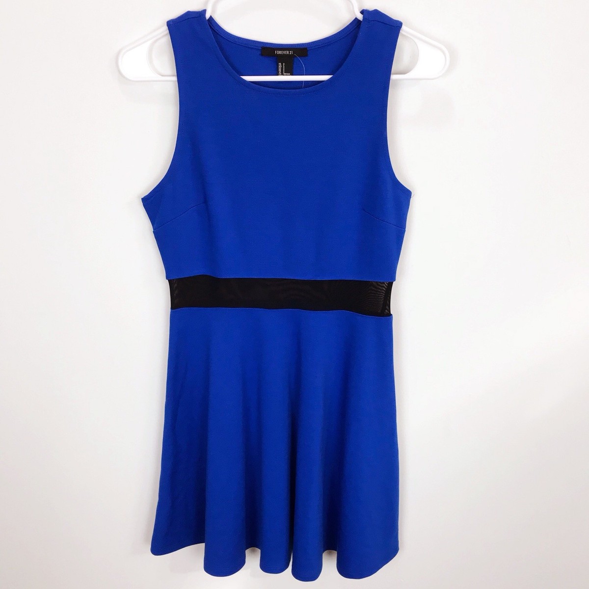 Forever 21 Women's Fit and Flare Blue Dress w/ Black Mesh Waist, Size Small  NWT | eBay