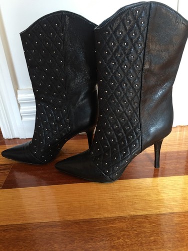 Nine West Vintage Designer Jolanda Studs Leather Black Mid Calf Heel Boots 7.5 - Picture 14 of 15